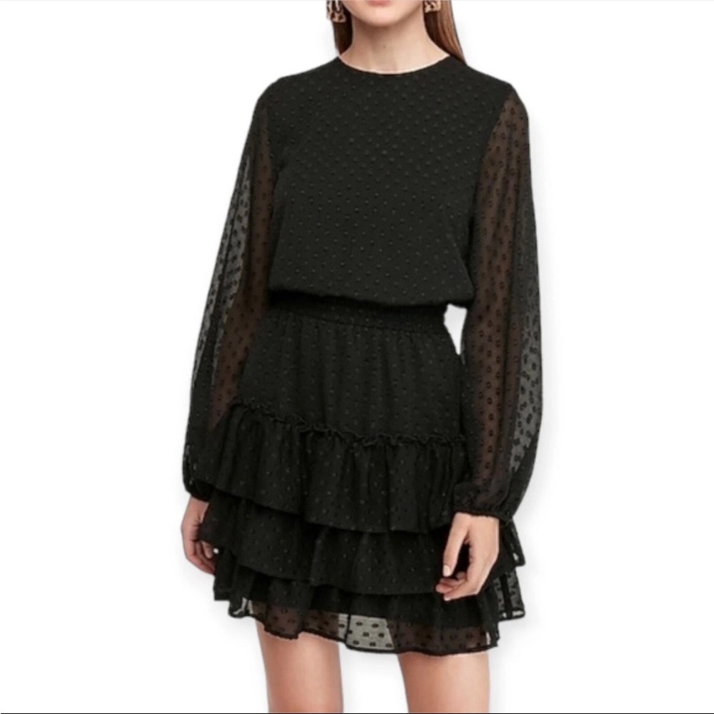 Express - Swiss Dot Black Ruffled Long Sleeve Dress - M